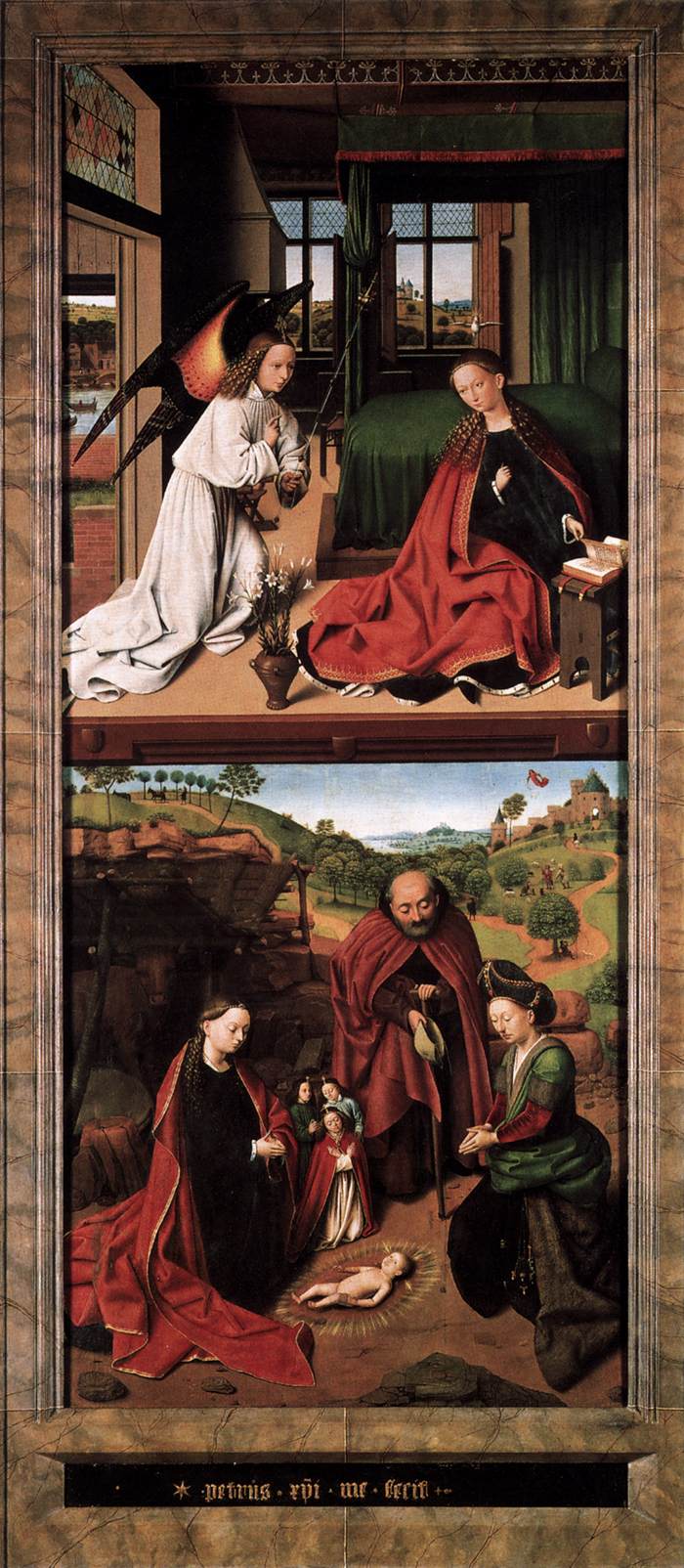 La adoración del Niño Jesús; en el fondo, la Anunciación a los pastores. - Petrus Christus