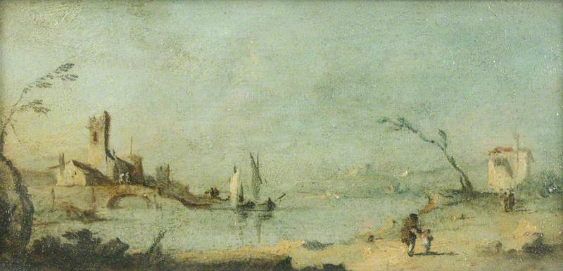 Laguna de Capriccio con una iglesia y un puente - Francesco Guardi