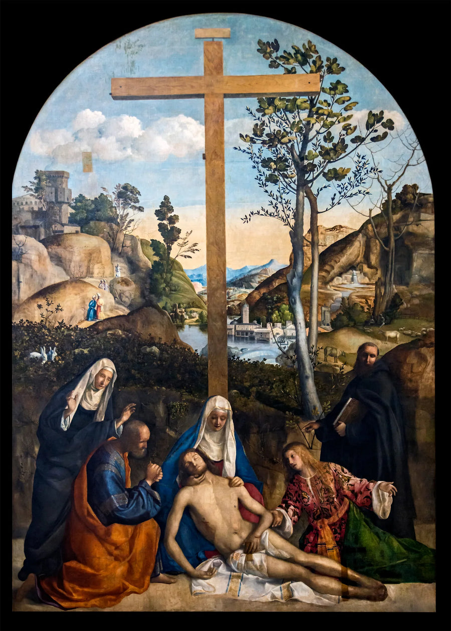 Lamentación sobre el Cristo muerto con José de Arimatea, la Virgen y María Magdalena, entre santa Marta y Filippo Benizi - Giovanni Bellini
