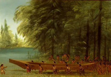 Lanzamiento de una canoa - Indios Nayas - George Catlin