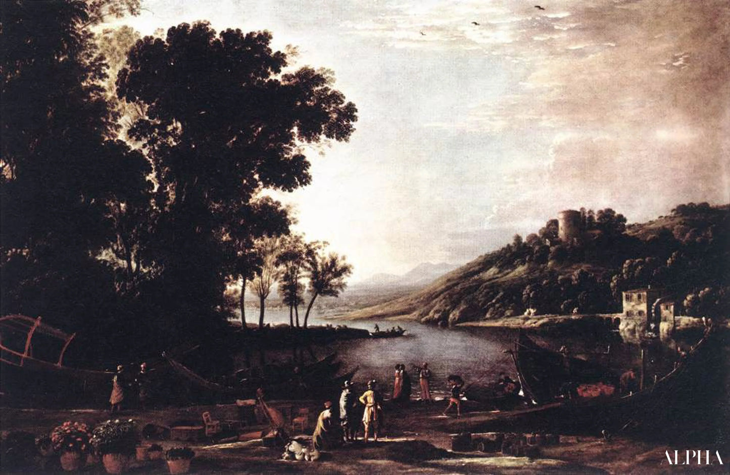 Reproduction du tableau « Landscape with Merchants - Claude Lorrain » par Alpha Reproduction en peinture à l’huile