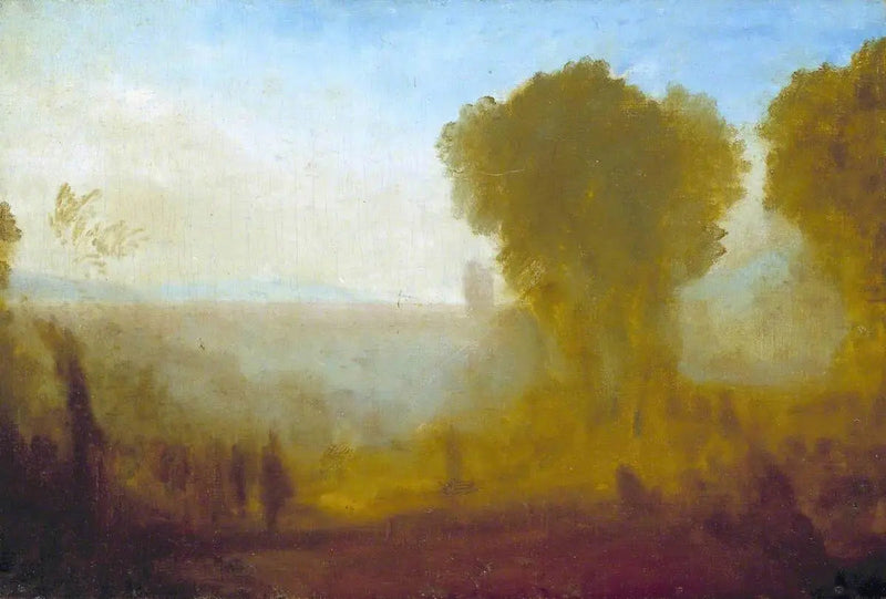 Paisaje con Torre, Árboles y Figuras; posiblemente Arcueil cerca de París - J. M. W. Turner