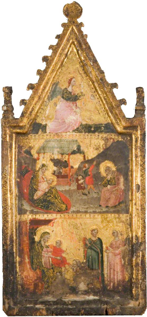 El ángel de la Anunciación (arriba), la Natividad y la Anunciación a los pastores (en el centro), la Adoración de los Reyes Magos (abajo) - Giovanni Baronzio