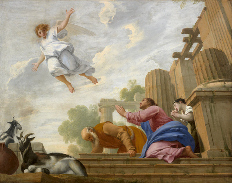 El ángel Rafael revela su verdadera naturaleza a Tobías y a su familia y se eleva al cielo - Eustache Le Sueur