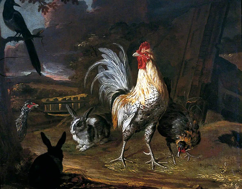 Conejos, un gallo y una gallina sobre un fondo de paisaje - Melchior de Hondecoeter