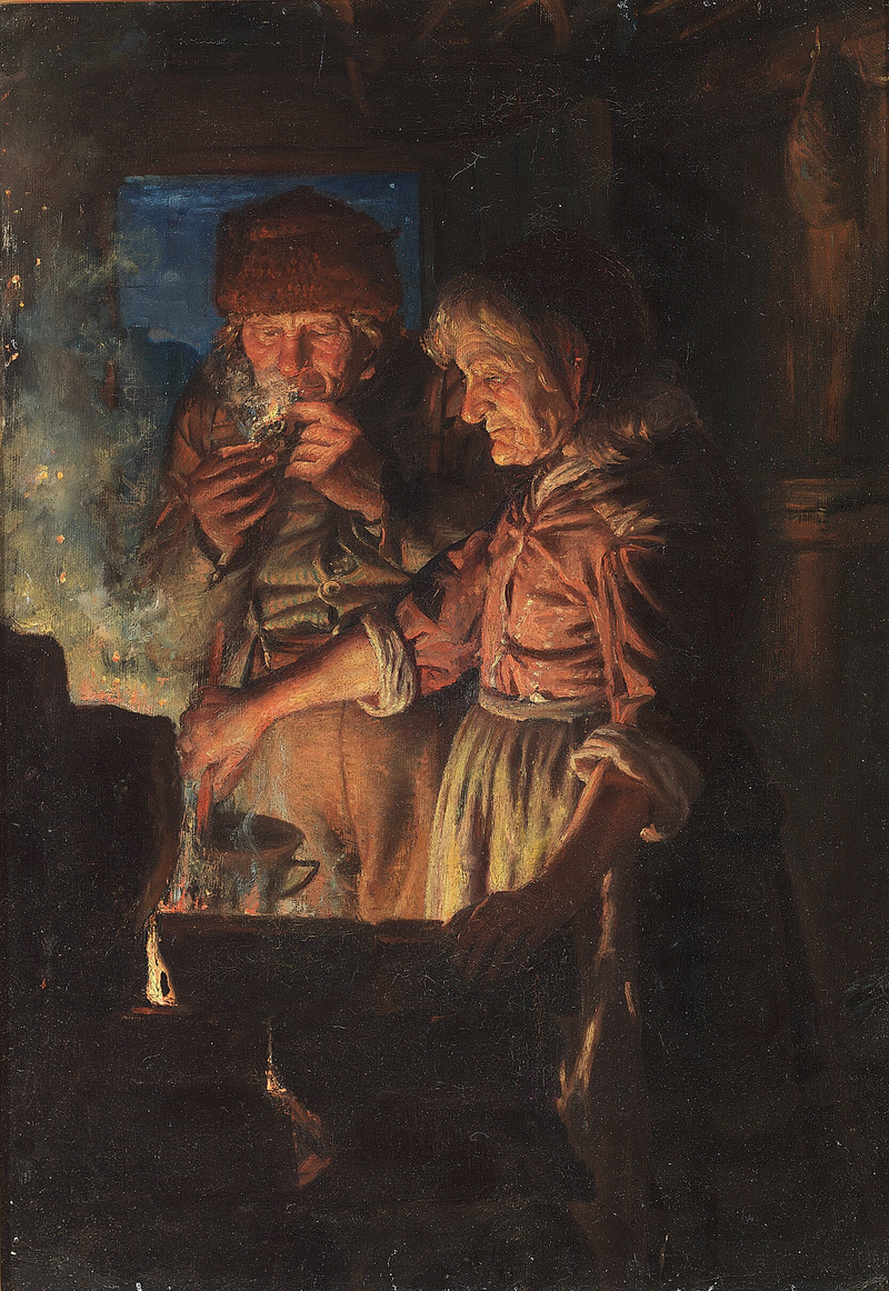 Lars Gaihede y su esposa junto a la chimenea, Stifi revolviendo la olla. - Michael Peter Ancher