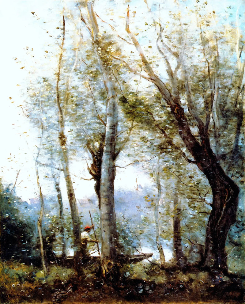 El barquero pasando detrás de los árboles de la orilla - Jean-Baptiste Camille Corot