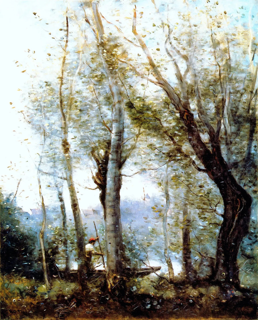 El barquero pasando detrás de los árboles de la orilla - Jean-Baptiste Camille Corot