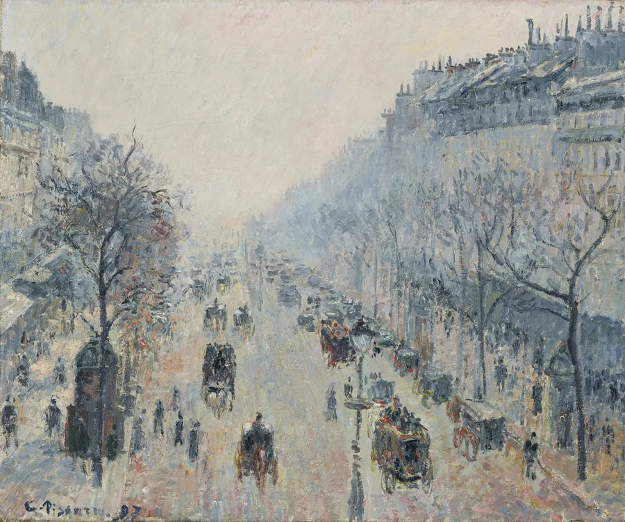 El bulevar Montmartre, niebla de la mañana - Camille Pissarro