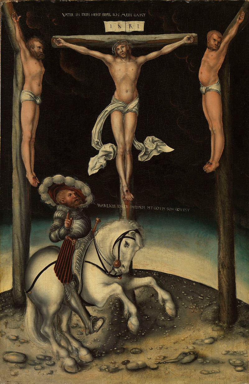 El centurión Longino entre las cruces de Cristo y los dos ladrones - Lucas Cranach el Viejo