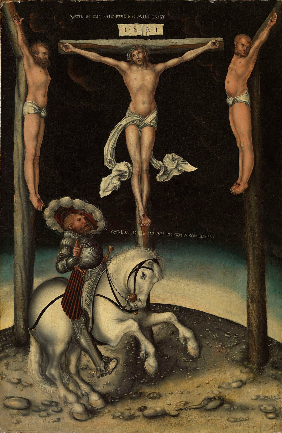El centurión Longino entre las cruces de Cristo y los dos ladrones - Lucas Cranach el Viejo