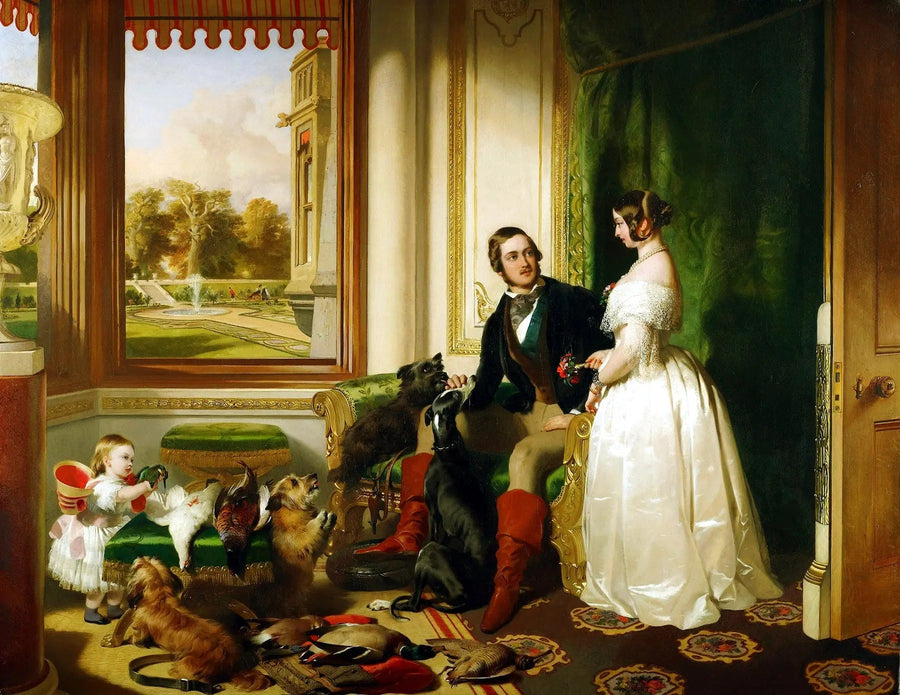 El castillo de Windsor en la época moderna; la reina Victoria, el príncipe Alberto y Victoria, princesa real - Edwin Henry Landseer
