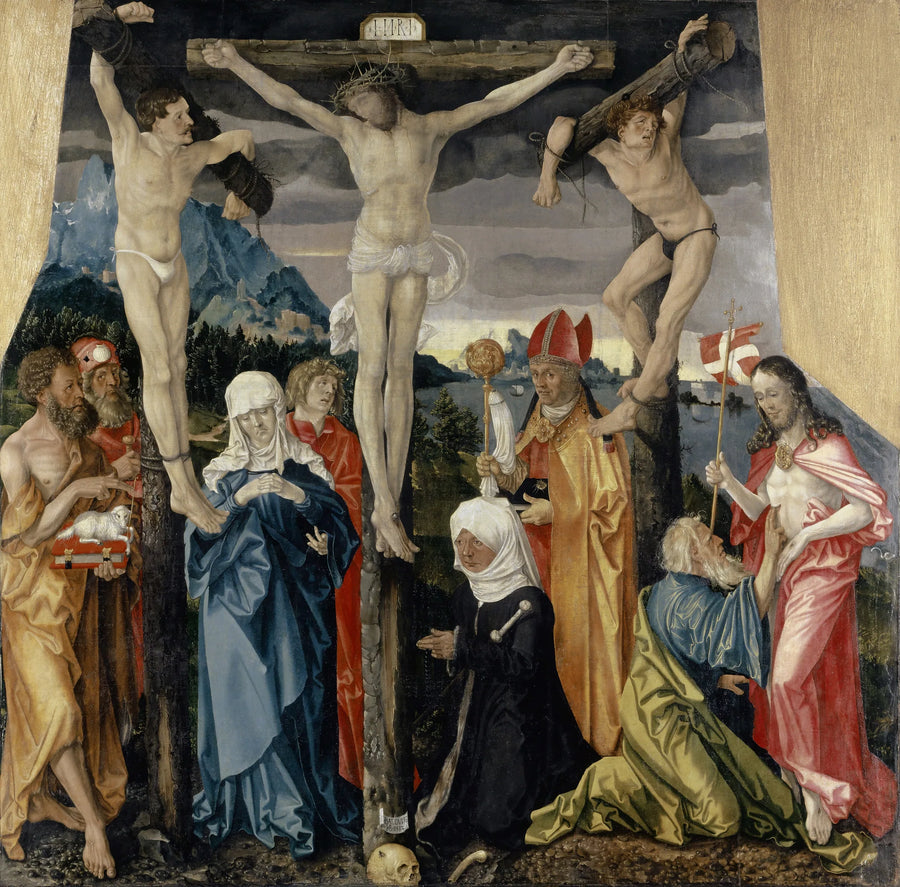El Cristo en la cruz con los ladrones, santos y una donante - Hans Baldung Grien