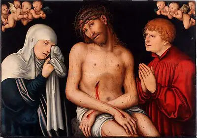 El Cristo en Hombre de Dolores flanqueado por la Virgen y san Juan con ángeles - Lucas Cranach el Viejo