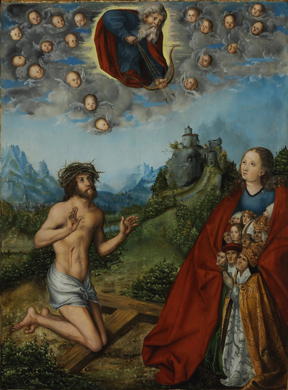 Le Christ et la Vierge intercédant pour l'humanité devant Dieu le Père - Lucas Cranach the Elder image 1 copie peinte à la main à l’huile