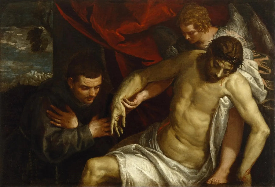 El Cristo muerto sostenido por un ángel y adorado por un fraile franciscano - Paul Véronèse