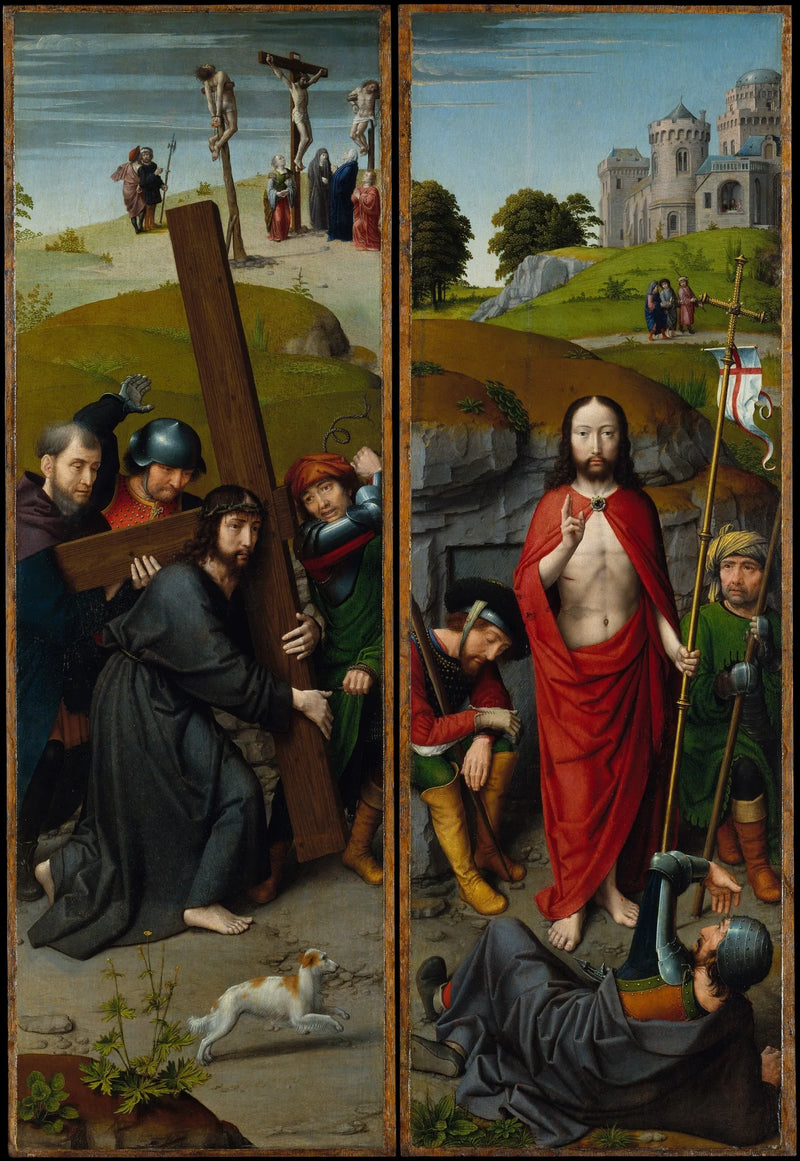 El Cristo llevando la cruz, con la crucifixión; la Resurrección, con los peregrinos de Emaús - Gérard David