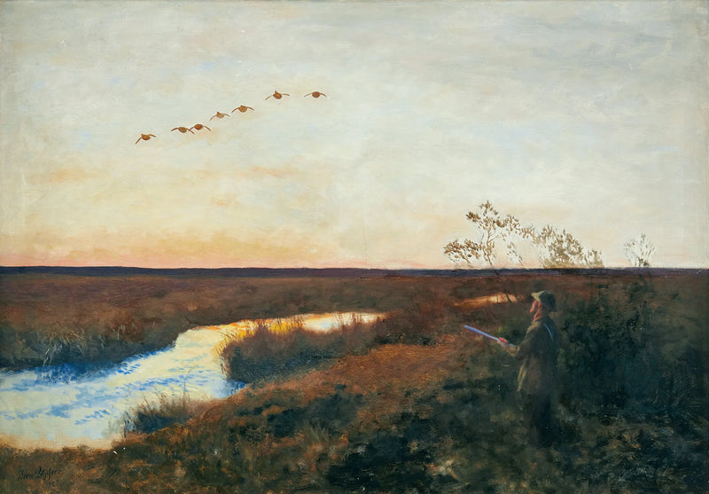 El crepúsculo envuelve un paisaje donde se extienden patos y un cazador - Bruno Liljefors