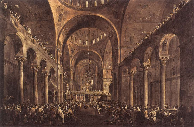 El dogo Alvise IV Mocenigo se muestra al pueblo en la basílica de San Marcos 1763 - Francesco Guardi