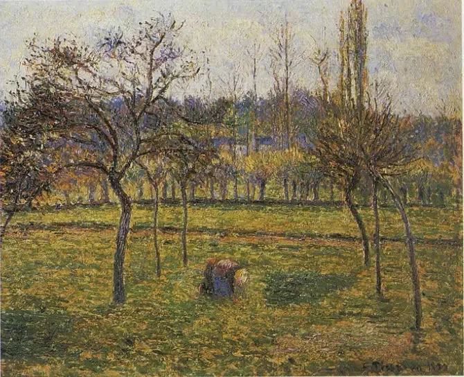 El fondo del prado en Éragny con una mujer recogiendo hierba - Camille Pissarro