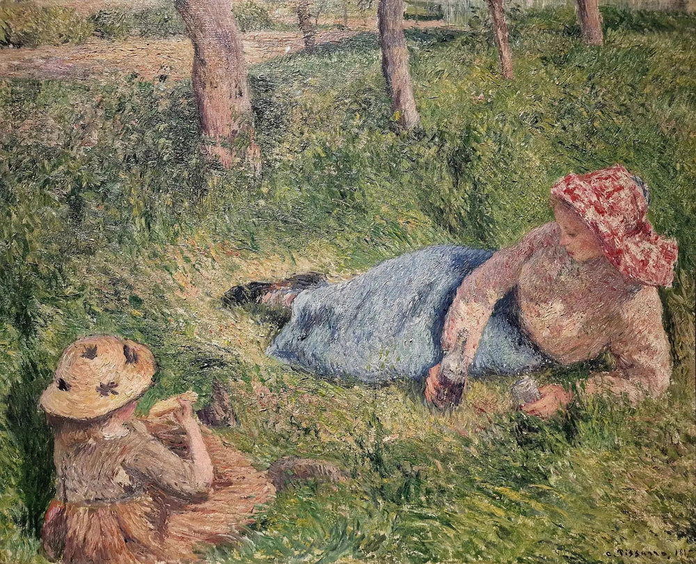 Le goûter, enfant et jeune paysanne au repos - Camille Pissarro image 1 reproduction artisanale de tableau