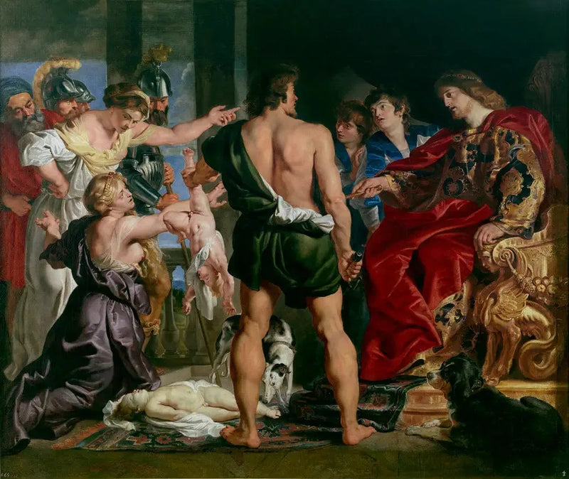 El juicio de Salomón: Salomón emite su veredicto; ordena a un soldado dividir en dos al niño vivo; la verdadera madre se opone al veredicto de Salomón (1 Reyes 3:25-27) - Peter Paul Rubens