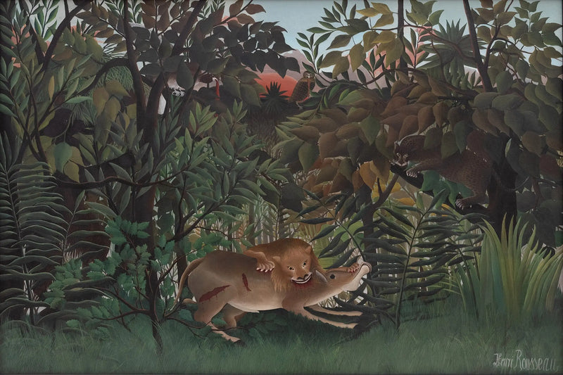 El león, con hambre, se lanza sobre la antílope - Henri Rousseau