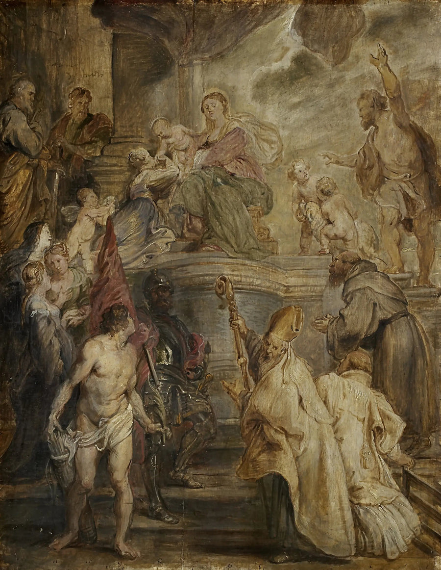 El matrimonio místico de Santa Catalina (Boceto a color para el altar de la iglesia de los Padres Augustinos en Amberes), reverso: Dos batallas de caballería - Peter Paul Rubens