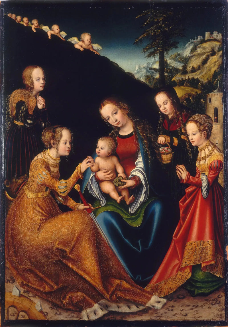 El matrimonio místico de Santa Catalina de Alejandría con las santas Dorotea, Margarita y Bárbara - Lucas Cranach el Viejo