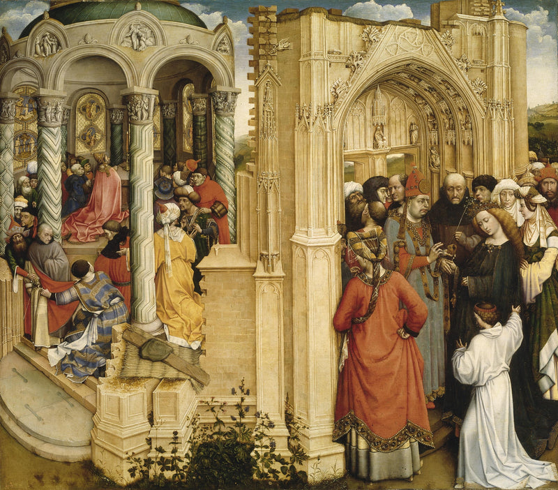 El milagro del rama florecida (a la izquierda); el matrimonio de María y José (a la derecha) - Robert Campin