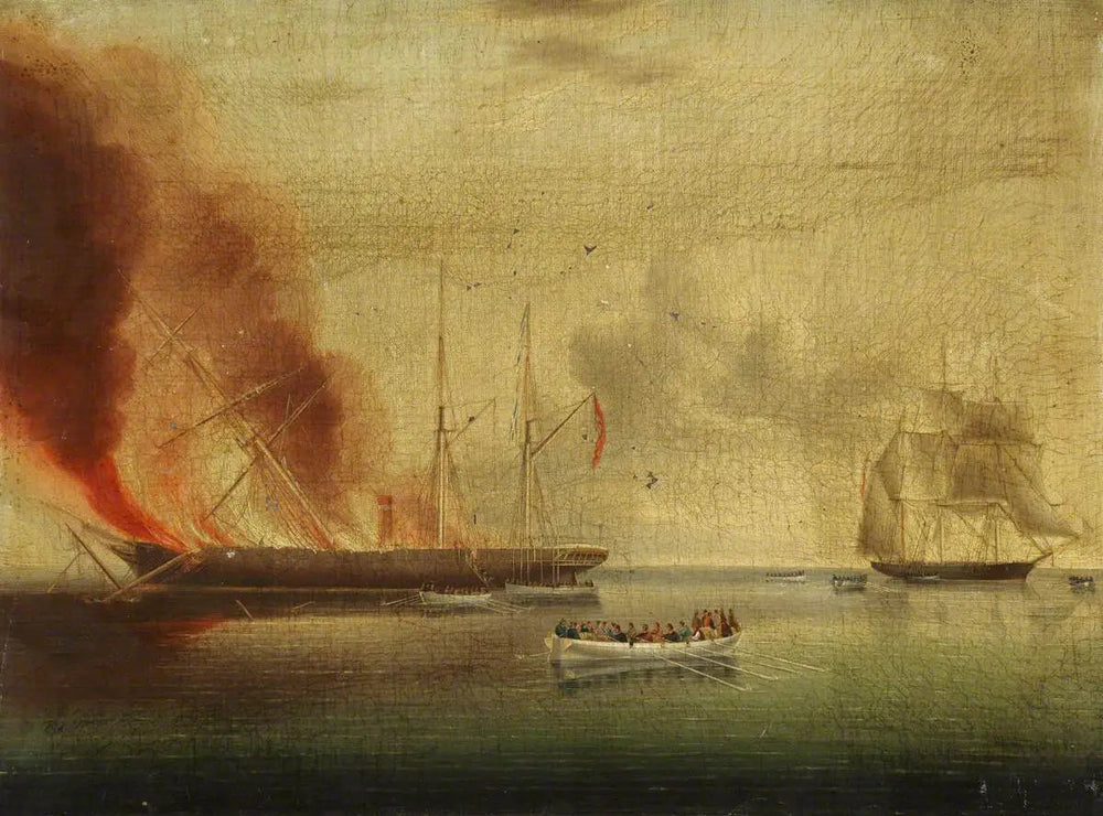 Le navire à vapeur « Glasgow » en feu au large de Nantucket, le 31 juillet 1865 : passagers et équipage secourus par le « Rosamund » - James E. Buttersworth image 1 reproduction de peinture à l’huile