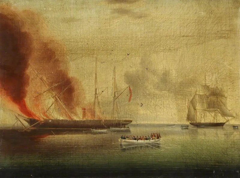 El barco de vapor « Glasgow » en llamas frente a Nantucket, el 31 de julio de 1865: pasajeros y tripulación rescatados por el « Rosamund » - James E. Buttersworth