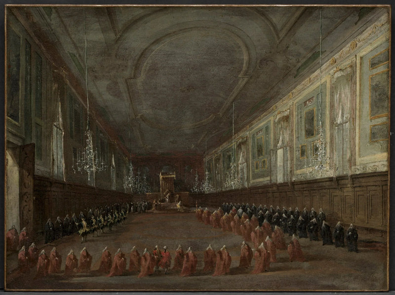 El Papa Pío VI descendiendo del trono para despedirse del dogo en la sala de San Juan y San Pablo, 1782 - Francesco Guardi