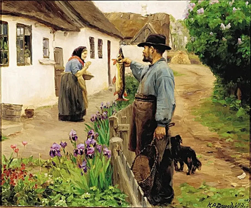« El Pescador ». Un pescador ofrece un gran lucio fresco a una anciana. - H. A. Brendekilde