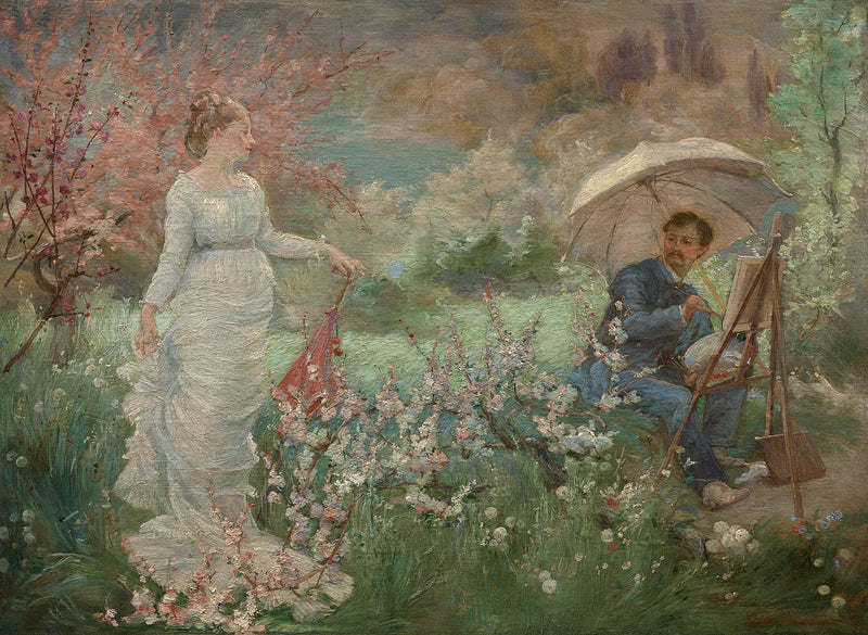 El pintor y su modelo en un jardín florido - Marie Bracquemond