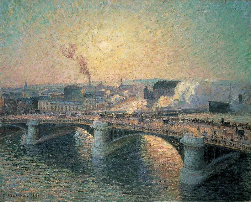 El Puente Boieldieu, Ruan, Puesta de Sol - Camille Pissarro