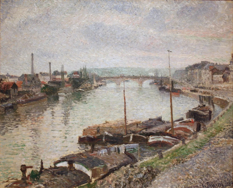 El puente de piedra y las barcazas en Ruan - Camille Pissarro