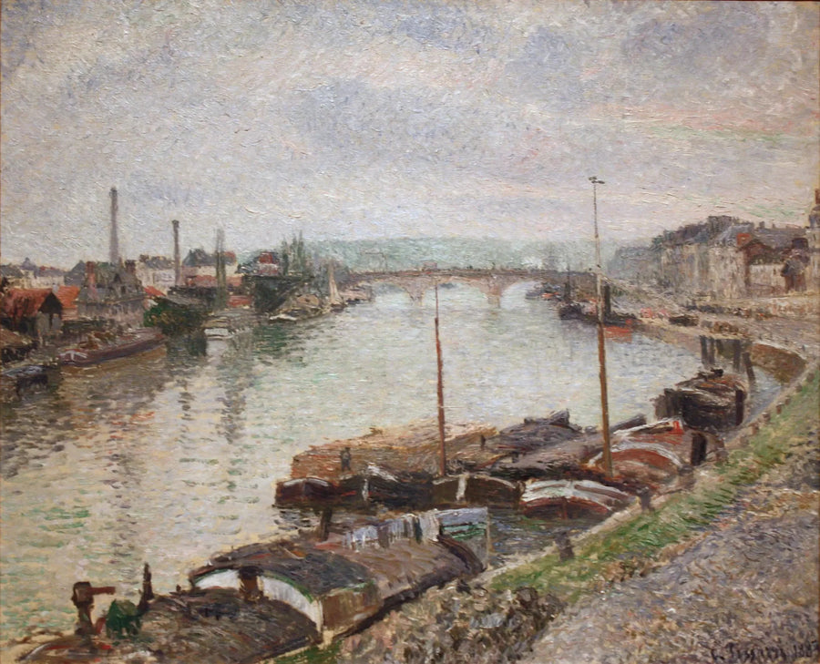 El puente de piedra y las barcazas en Ruan - Camille Pissarro