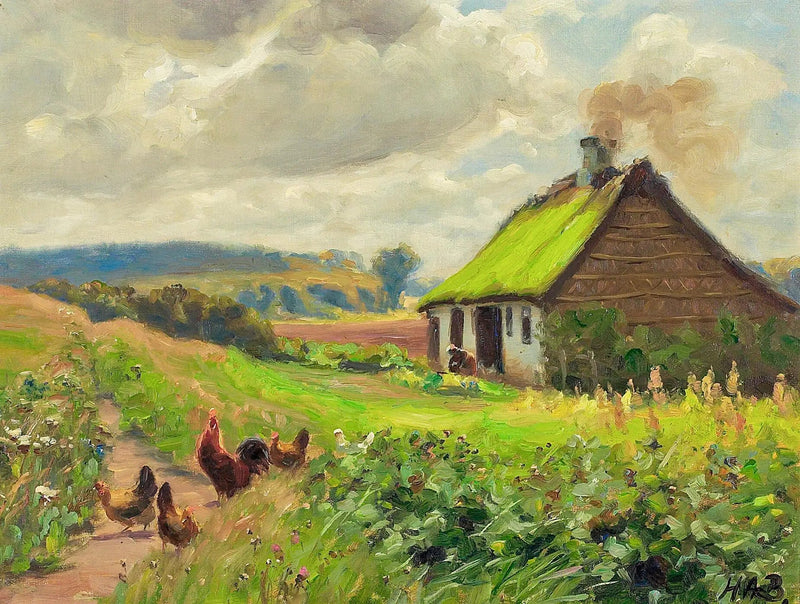 La primavera con una casa, una mujer y pollos. - H. A. Brendekilde