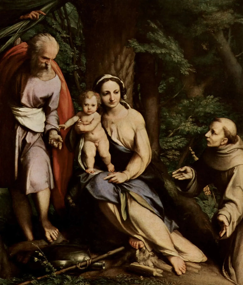 El reposo durante la huida a Egipto con san Francisco - Antonio da Correggio