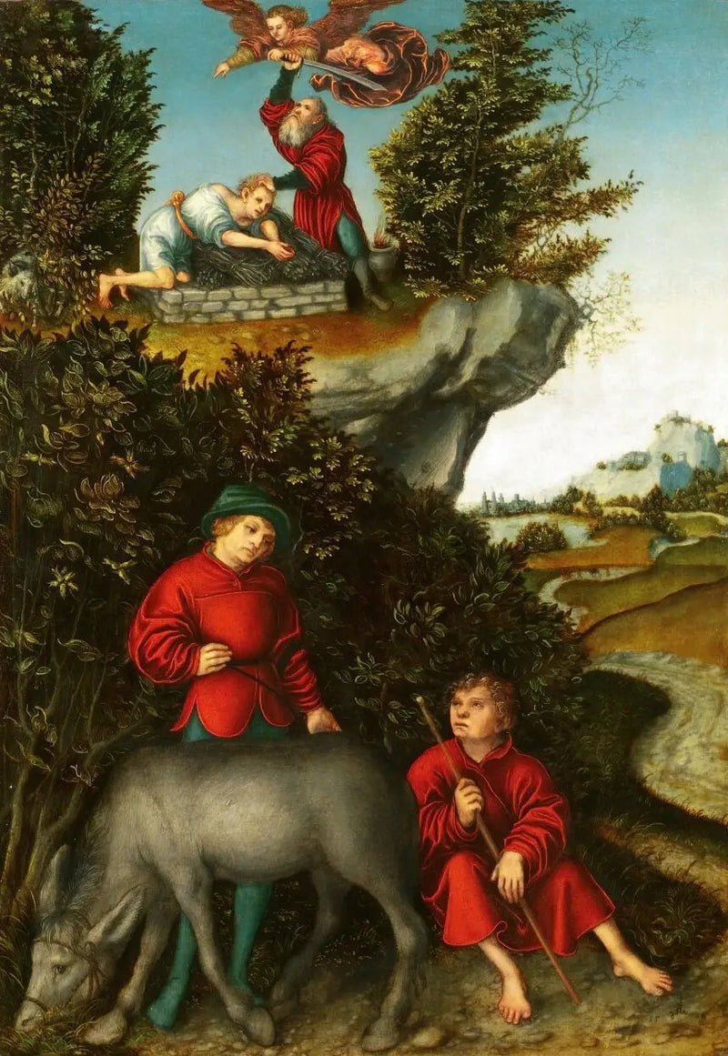 El sacrificio de Abraham: Un ángel impide a Abraham sacrificar a Isaac; los sirvientes esperan en la base de la montaña (Génesis 22:10-12) - Lucas Cranach el Viejo