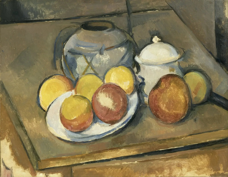 El jarrón de paja, azucarera y manzanas - Paul Cézanne