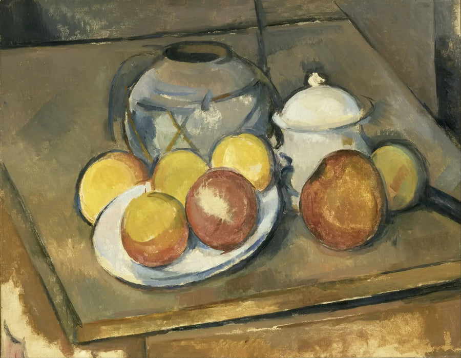 El jarrón de paja, azucarera y manzanas - Paul Cézanne