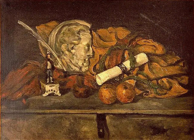 Los Accesorios de Cézanne. Naturaleza muerta con medallón de Philippe Solari - Paul Cézanne
