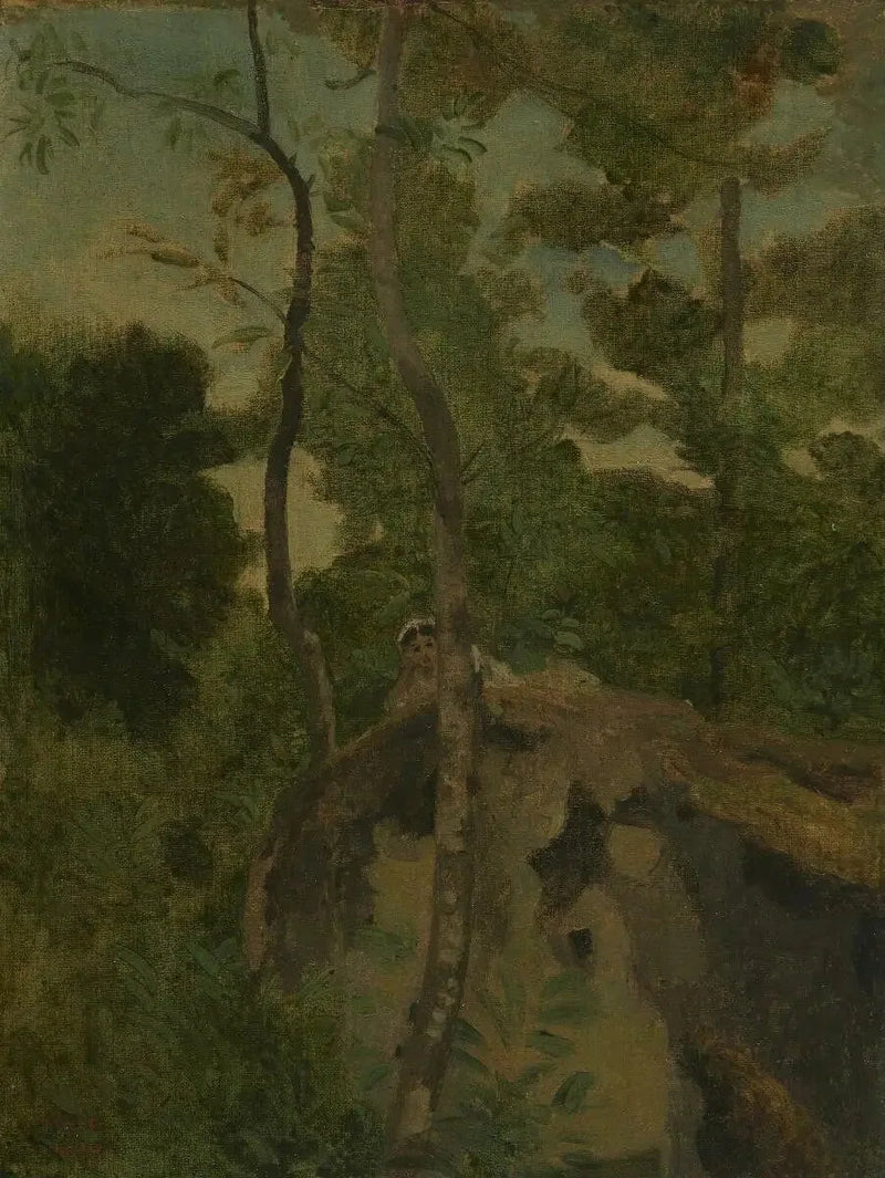 Les Alinges. Joven mujer acostada sobre una roca bajo los árboles - Jean-Baptiste Camille Corot