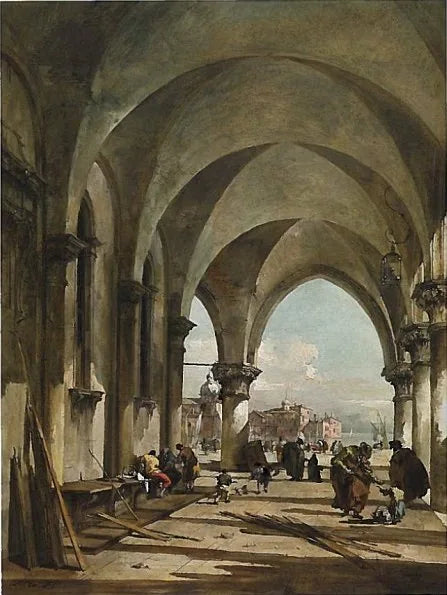 Los arcos del palacio Dodge, Venecia, en dirección a la basílica San Giorgio Maggiore - Francesco Guardi