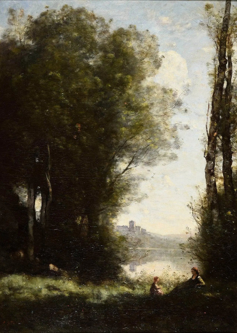 Las dos hermanas bajo los árboles junto al lago - Jean-Baptiste Camille Corot