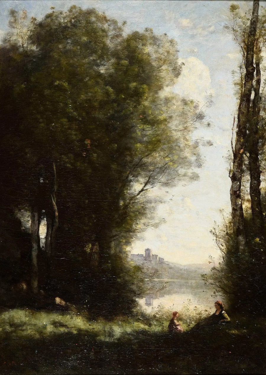 Las dos hermanas bajo los árboles junto al lago - Jean-Baptiste Camille Corot