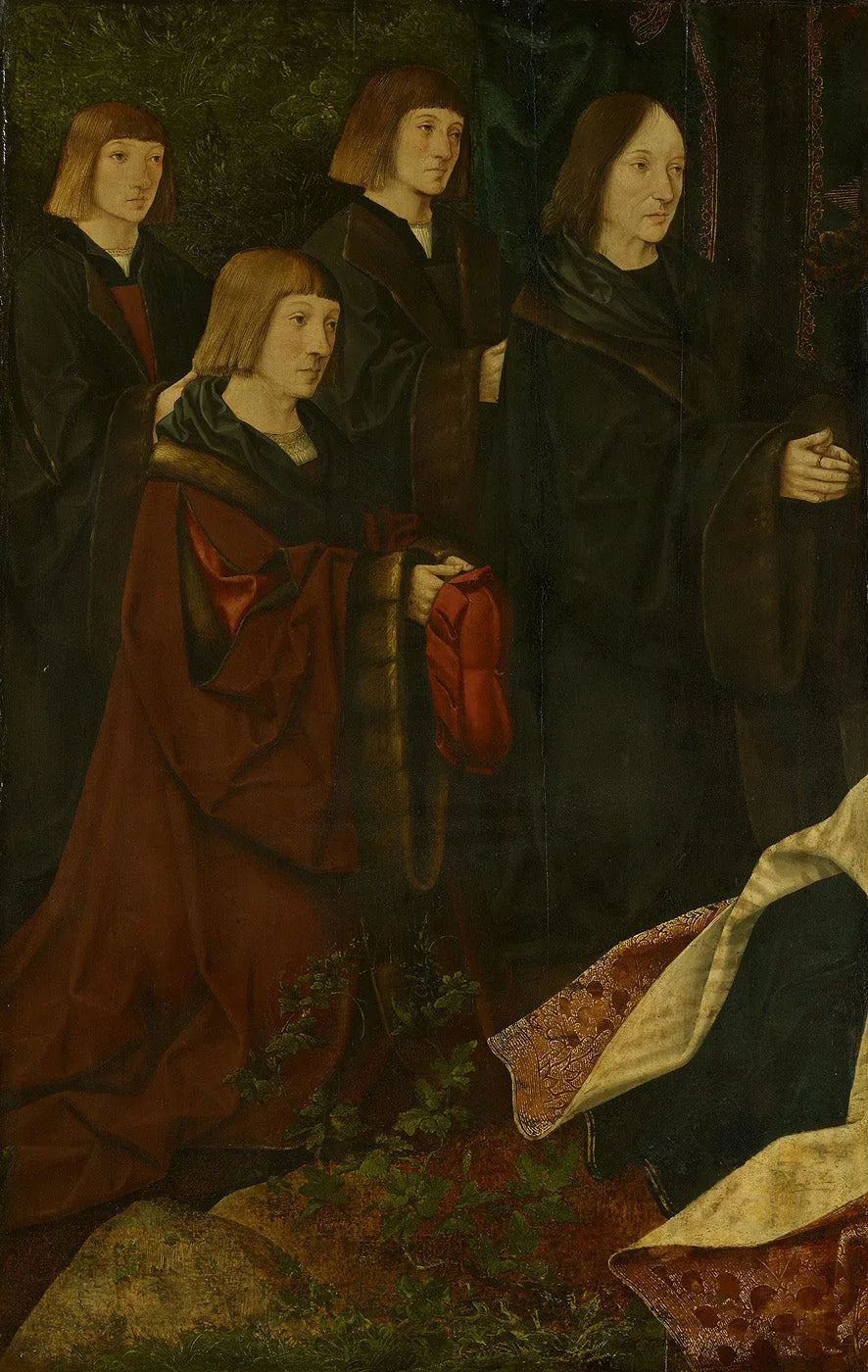 Los donantes Korsgen Elbertzen y sus hijos Dirck y Albert están a la izquierda, con las donantes a la derecha. - Jacob Cornelisz van Oostsanen