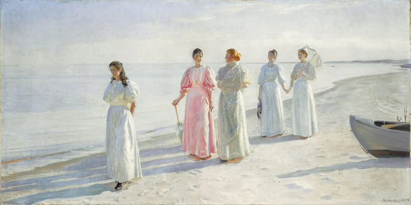 Chicas en la playa. Las hermanas Holst en Skagen Senderstrand. -Michael Peter Ancher
